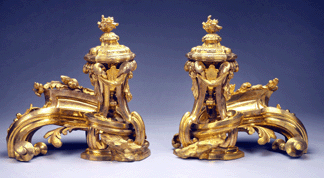 Pair of andirons by Francois-Thomas Germain, 1757. Gilt bronze; 22 7/8 by 23 ¼ by 15 ¾ inches. Musée du Louvre. From "Decorative Arts of The Kings.” 