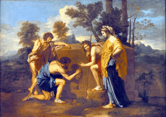 "Et in Arcadia Ego” by Nicolas Poussin, circa 1638–1640. Oil on canvas; 33 ½ by 47 5/8 inches. Musée du Louvre. On view in "Kings As Collectors.”
