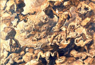 "The Fall of The Titans” by Peter Paul Rubens. Black and brown ink over traces of black chalk with brown and gray wash; retouched by the artist with oil-based pigments; 10 7/8 by 15 ¾ inches. Musée du Louvre. On view in "The King's Drawings.”