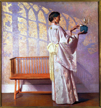 Garber's wife, Mary, holds a pot while standing in front of an old bench and shadows cast by the French doors of the artist's workplace in "The Studio Wall,†1914. This memorable painting measures a generous 56 by 52 inches. Private collection.