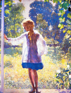 Garber painted his daughter, born in Paris in 1906, numerous times, most notably in "Tanis,†1915, showing her standing in the open doorway of the Cuttalossa studio, bathed in dazzling golden light. This oil on canvas is 60 by 46¼ inches. From the Warner collection of the Westervelt Warner Company.