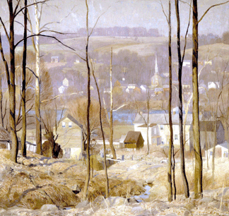 A lone figure in the foreground adds an infrequent human element to "Geddes Run,†1930, a bright, optimistic view of houses among trees on both sides of the Delaware River. Collection of Thomas and Karen Buckley.