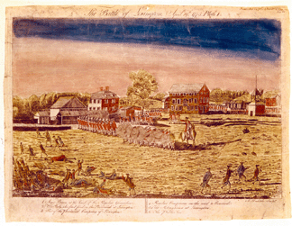 Amos Doolittle print, "The Battle of Lexington, April 19, 1775,†courtesy of the Connecticut Historical Society, Hartford.