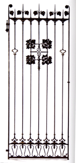 A pair of wrought iron gates (left gate shown) with vine motif and jester handle was unmarked, but certified by Samuel Yellin Metalworkers. Each gate measured 74 by 30 inches. The pair swung to $42,000.