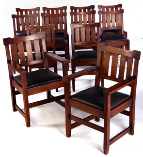 This set of 12 early dining chairs by Gustav Stickley, circa 1901, with drop-in leather-covered seats made $26,400.