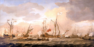 Willem van de Velde, the Younger, "The Mary, Yacht, Arriving with Princess Mary at Gravesend in a Fresh Breeze, 12 February 1689,⁣irca 1689, oil on canvas; 33 by 68 inches. ©National Maritime Museum, London.
