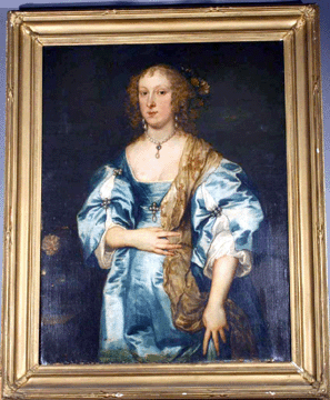 The artist and the sitter were unidentified, but the late Eighteenth Century English oil on canvas portrait of a woman in an elaborate blue silk satin gown sold for $12,363.