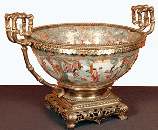 A rose medallion center bowl with ormolu mounts  sold for $2,300.