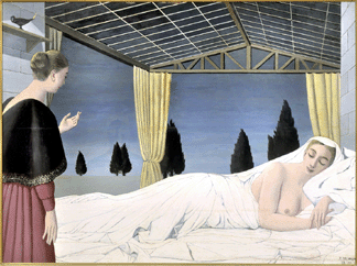 Paul Delvaux, "Le Songe (The Dream),†1952, oil on panel, ©2007 Artists Rights Society (ARS), New York / SABAM, Brussels.