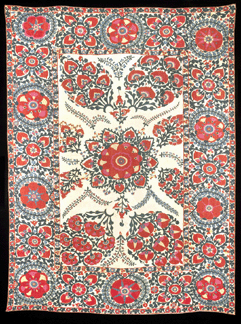 Suzani, Nurata, third quarter of the Nineteenth Century silk, cotton; continuous thread couching, open chain stitch, chain stitch, stem stitch; 101 by 75½ inches.