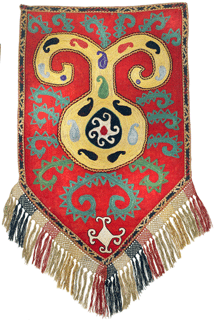 Uuk kap ilgich, Lakai, late Nineteenth⁥arly Twentieth Century silk, wool, cotton; chain stitch, 23 by 5¼ inches; 4½-inch fringe.