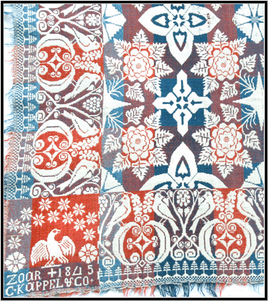 Dark and light blue, red and white figured coverlet by Gottfried Kappel & Co., Ohio, 1845. Double-weave structure. Promised gift, National Museum of the American Coverlet. Photography by Ken Sepeda.