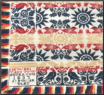 Blue, red, yellow and white figured coverlet made in Pennsylvania for S. Swartley, 1837. Tied-Beiderwand structure. National Museum of the American Coverlet.