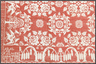 Red and white figured coverlet made in New York for Adaline Palmer, 1849. Double-weave coverlet. National Museum of the American Coverlet.