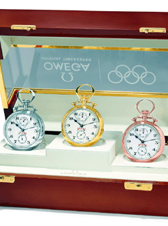 A rare set of three Omega pocket watches No. 8, one each in 18K yellow, white and pink gold and made in a limited edition of 100 pieces in each color in 2006 to commemorate Omega's return to Olympic timekeeping, attained $255,677.