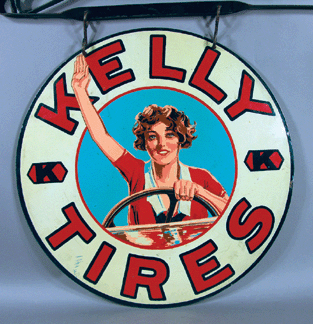 Rare Kelly Tires tin advertising sign, made in the 1920s, 24 inches in diameter and with original bracket, made $31,200.