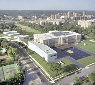 Aerial view of the Nelson-Atkins from the northeast. The Bloch Building follows the slope of the museum's lawn along the east side of the original Nelson-Atkins Building. Courtesy The Nelson-Atkins Museum of Art, 2006. 