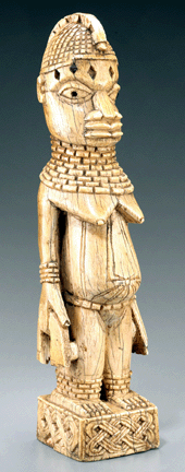 This female figure, made of ivory and standing 37 inches tall, was made in the early Nineteenth Century by Edo peoples in the Benin kingdom court style, and was probably intended for an altar to a queen mother. It is one of the first two objects purchased by Paul and Ruth Tishman in 1959. "Ivory can be almost universally interpreted as a symbol of importance and wealth,†says exhibition curator Bryna Freyer.