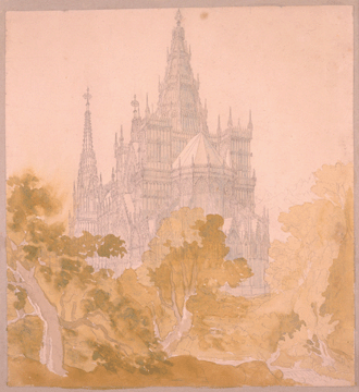 Karl Friedrich Schinkel, "A Gothic Cathedral behind Trees,†1813‱5, pen and gray ink and watercolor over graphite, mounted on gray wove backing sheet.