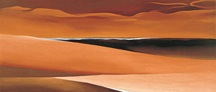 Georgia O'Keeffe, who first visited New Mexico in 1929, often painted abstract views of the landscape, such as "Bear Lake (Desert Abstraction),†1931. Set on the Taos pueblo, this ambiguous image may show the thin line of a lake or be simply a product of the artist's imagination.