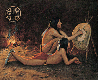 Many of E.I. Couse's images, reproduced on Santa Fe Railway calendars, helped promote tourism by showing Native Americans engaged in characteristic activities, such as in "War Shield,†1915. Like other Taos artists, "Couse was not concerned with ethnography, but rather with the romance of noble Indians coexisting with nature,†says curator Joseph Traugott.