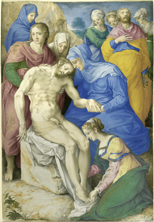 Giulio Clovio (Croatia, 1498‱578), "The Lamentation,†(separate miniature, not from a book) (Rome), circa 1550, gouache and gold leaf on vellum, overall 8½ by 5 11/16 inches. Patrons' Permanent Fund.