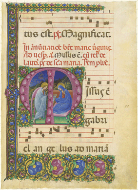 Belbello da Pavia (Italian, active circa 1430‷3), "Initial M: The Annunciation to the Virgin,†miniature from a choir book (antiphonal) (Lombardy), 1450/1460, tempera and gold leaf on vellum, Rosenwald Collection.