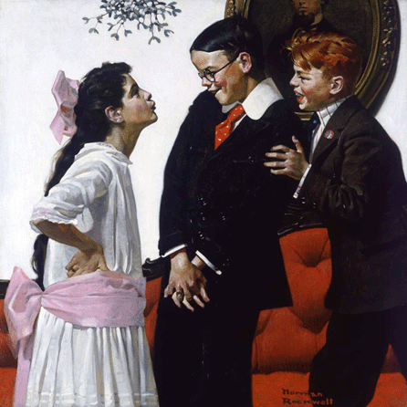 Norman Rockwell, "Cousin Reginald Under The Mistletoe,†1917, oil on canvas, 22 by 22 inches, signed lower right, Country Gentleman, December 22, 1917.