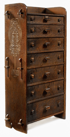 Made at the height of production years, unlike early forms, this masterpiece used through-tenon joinery. Chiffonier from the Rohlfs' home by Charles Rohlfs, circa 1901, oak and copper, 65 3/8 inches tall. Courtesy Princeton University Art Museum, gift of Roland Rohlfs. All photos, except where noted, by Gavin Ashworth ©American Decorative Art 1900 Foundation.