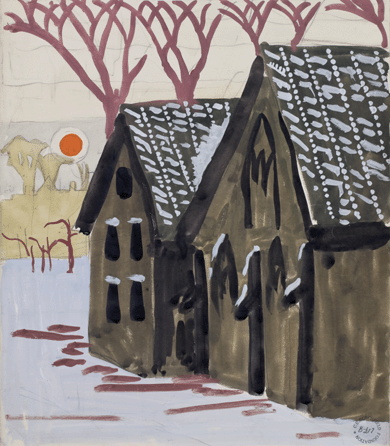 In this early watercolor, "Landscape with Orange Sun,†1916, Burchfield inserted a bright orange sun to bring a touch of bleak poetry to the stark architecture of a played-out Ohio town. DC Moore Gallery, New York City.