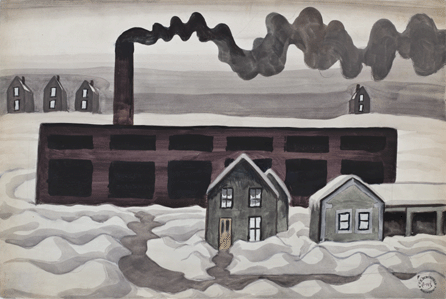 Mirroring Burchfield's interest in smoke-belching plants and those who work there, in "Factory and Houses,†circa 1920, he depicted a smoky factory looming over modest workers' houses. The scene suggests the circumscribed world of small-town factory employees. C.E. Burchfield Foundation stamp no. B-149, lower right.