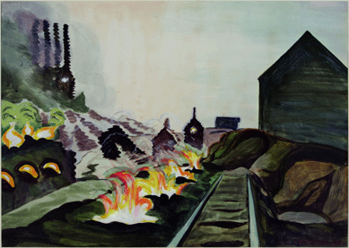 Burchfield was fascinated with the coke ovens that burned constantly outside Salem. In "Coke Ovens at Night,†1920, the ovens burn with orange/white/yellow intensity along railroad tracks. The artist was wary of the presence of industrial might in rural areas. Private collection.