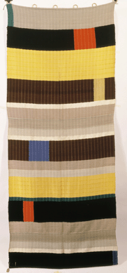 One of the most important women at the Bauhaus was Josef Albers's wife, Anni, a gifted textile designer who used horizontal bands and blocks in a bold new kind of visual art. In "Wall Hanging,†1925, made of wool and silk and measuring about 8 by 38 inches, she designed an asymmetrical composition in which multicolored horizontal bands are interspersed with brightly colored blocks in a striking, appealing object. Die Neue Sammlung †The International Design Museum Munich. ⁁rchive Die Neue Sammlung photo, ©The Josef and Anni Albers Foundation / Artists Rights Society (ARS), New York