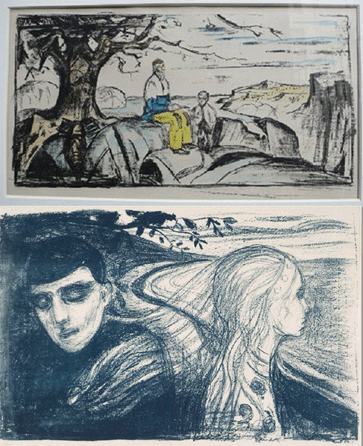 Edvard Munch, top, "Historien (The History),†1914, lithograph with hand coloring, 22 7/8 by 38¾ inches, signed lower right, ALR Case Ref #L09.718; bottom, "Loesrivelse II (Separation II),†1896, lithograph, 16 1/8 by 24 7/8 inches, signed lower right, ALR Case Ref #L09.610.