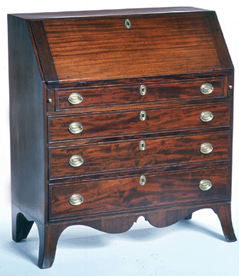 A circa 1812 desk by Ezekiel Brigham Jr (1789‱848) of Grafton is characteristic of Brigham's marketing his furniture as "middling good.†This piece updates a common Eighteenth Century form with Federal details like string inlay, flared French bracket feet and oval stamped brasses.