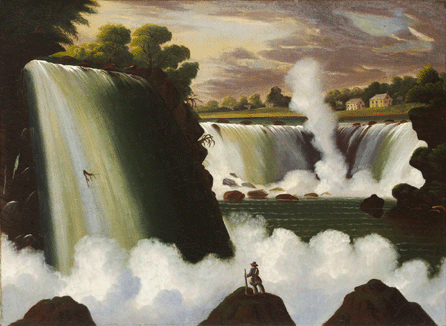 Drawing on lithographs of the mighty crescent, in "Niagara Falls,†circa 1843‶0, Chambers created his own spectacular view that outdoes paintings by better-known artists. Calling this work a "brilliantly complex design in dark and light, with any number of curved forms pushing forward and taking us into deep space simultaneously,†art historian Sanford Schwartz dubs the painting Chambers's "masterpiece.†Courtesy of Wadsworth Atheneum Museum of Art.
