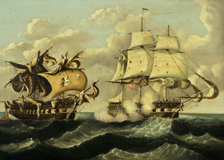 Chambers based this painting, "Capture of HBM Macedonian by US Frigate United States,†circa 1840‵0, on a precedent of Philadelphia artist Thomas Birch. Recording one of the most famous naval battles of the War of 1812, Chambers utilized his strong sense of design and pattern, curving contours, dramatic seas and detailed ship structure to craft a compelling image. Collection of Susanne and Ralph Katz. 
