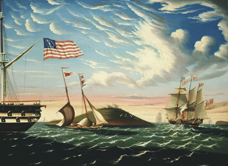 Chambers painted numerous views of Boston and New York harbors filled with ships flying national colors and riding on rippling waves under swirling clouds, as in "Boston Harbor,†circa 1843‴5. The principal vessels here include the 74-gun Ohio, left, described as "one of the finest warships in the world,†and the Royal Mail Steamer Hibernia, right, under both American and British flags, leaving port for Liverpool. Courtesy of National Gallery of Art. 