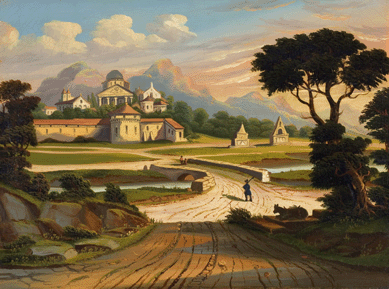 Chambers did several variants on this scene, apparently set in Italy and, as usual, based on print sources. In "Landscape with a Walled Town,†circa 1843‶0, he depicted the landscape as sunny and serene, with an air of slow-paced life befitting the venerable red-tiled buildings in the community, all set against a magnificent vista of mountains, sky and clouds. Courtesy of Indiana University Art Museum, Bloomington. ⁍ichael Cavanaugh and Kevin Montague photo