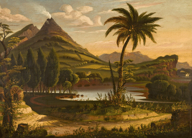 This painting, "Landscape with Mount Vesuvius,†circa 1843‶0, differs so greatly from comparable works that it has raised the possibility that it was executed by a Chambers assistant or some kind of a workshop. It was attributed to a "Mr Corbin of London,†an artist unknown in England or the United States. Collection of Susanne and Ralph Katz.