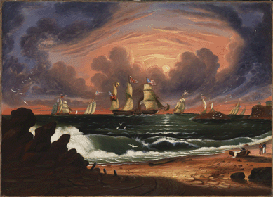 In the largest and most colorful of five known versions of this scene, "View of Nahant [Sunset],†circa 1843‵0, whirling clouds frame a steamship in the distance, probably the Britannia, which held the record for the fastest crossing of the Atlantic and brought Charles Dickens to Boston in 1842. It is 22 by 30 inches. Collection of Peter and Barbara Goodman. ⁒obert Hashimoto photo