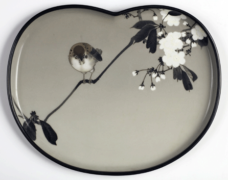 Namikawa Sosuke cardioid tray decorated with sparrow and plum blossoms, enamel. ₩2007 Robert Visser photo