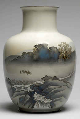 Vase decorated with two travelers in mist above a waterfall after a painting by Kawai Gyokudo, Ando Cloisonné Company, cloisonné, moriage and musen enamel over copper. 