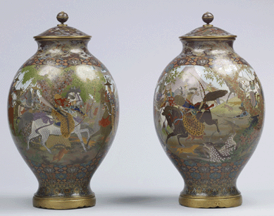 A pair of covered urns decorated with scenes of Minamoto Yoritomo's 1193 excursion to Mount Fuji, attributed to Namikawa Sosuke, standard cloisonné, enamel over metal with gold and silver wire and bronze mounts. 