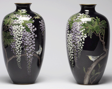 Pair of vases decorated with Japanese bush warblers perching on blossoming wisteria, Goto Seizaburo, standard cloisonné enamel over metal. Stephen W. Fisher Collection, Baltimore, Md.