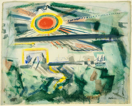 Determined to capture the energy and movement of nature in his oils and watercolors along the coast of Maine, John Marin used calligraphic strategies, with ray lines and a wide range of linear elements, to capture the excitement of scenes, such as "Sunset,†1922. Highlighted by what National Gallery curator Ruth Fine calls a "brilliant red-orange disk&⁳urrounded by...green, black, and yellow rings&⁡nd rays projecting from the center,†this watercolor also delicately depicts fir-clad islands, a three-masted sailing vessel and rocks and trees in the foreground. Shein collection.