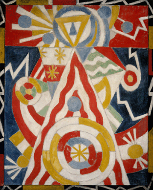 Marsden Hartley, who wandered Europe, Mexico and America in search of styles and subjects, found special inspiration in Berlin just before World War I. "Pre-War Pageant,†1913, expresses with symbols and forms in primary hues of red, blue and yellow, his enthusiastic response to the military atmosphere and public fervor in the German capital on the cusp of conflict. Shein collection.
