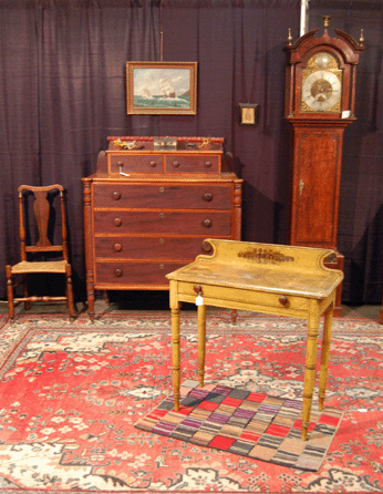 The painted dressing table, circa 1818, was all original; the painting was signed "Cox†and the Sheraton dresser were all from Harry Hepburn, Harrison, Maine.