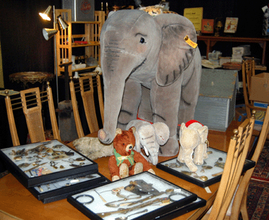 A parade of elephants by Steiff from Antiques of Hingham, Hingham, Mass.