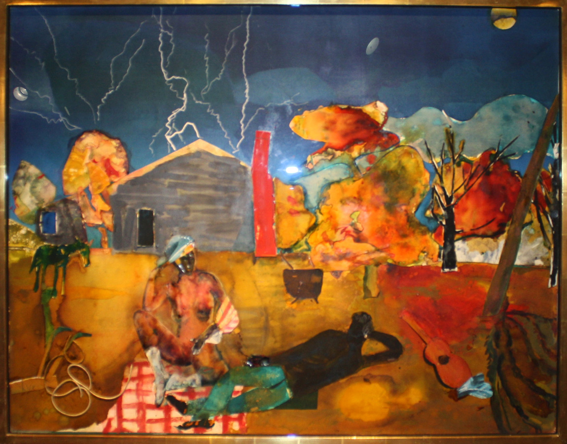 Romare Bearden’s magnificent 1983 collage titled “Mecklenburg Autumn, Heat Lightning Eastward” added a warm glow to the display of DC Moore Gallery, New York City. The artist is referencing Manet’s “Dejeuner sur l’herbe.”